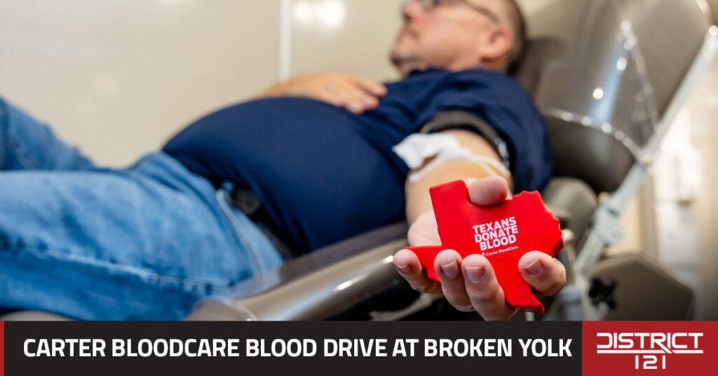 Blood donation drive with Carter BloodCare at Broken Yolk Cafe in McKinney.